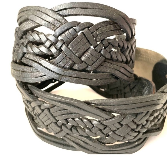 Chico’s wide Black Braided Leather Belt with Silver and Gold Buckle